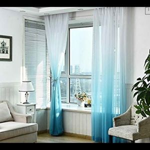 Sheer White & Teal Ombré Window Curtain Panels- 4